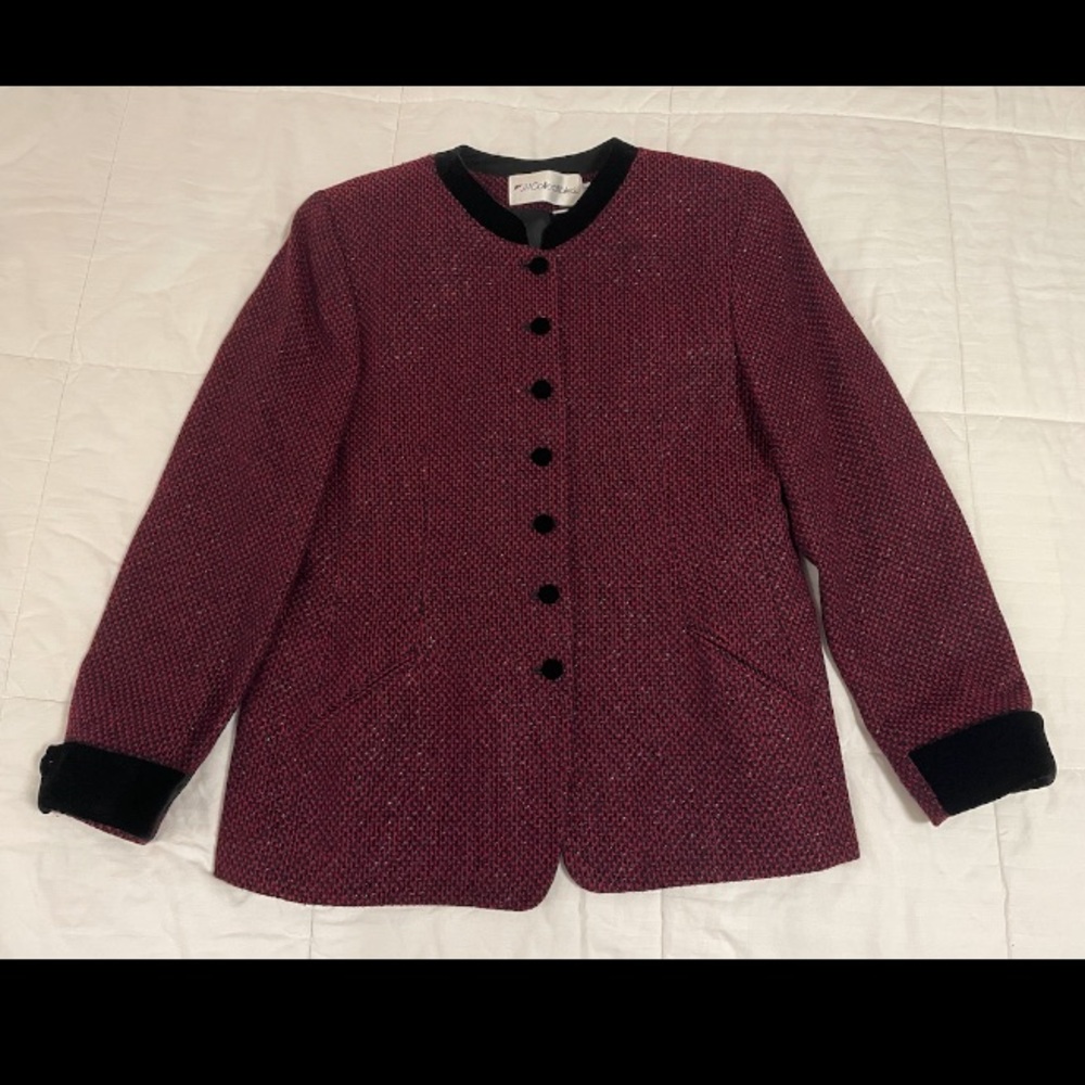 VTG JH Collectables Wool Blend Red Black Velvet Sparkle Woven Blazer Women Sz 10